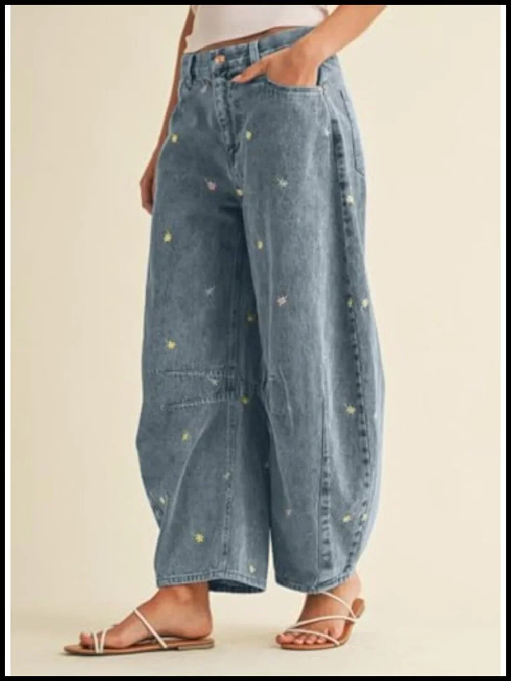 Embroidered Barrel Jeans Baggy Wide Leg Y2K Denim Ankle Pants Patchwork